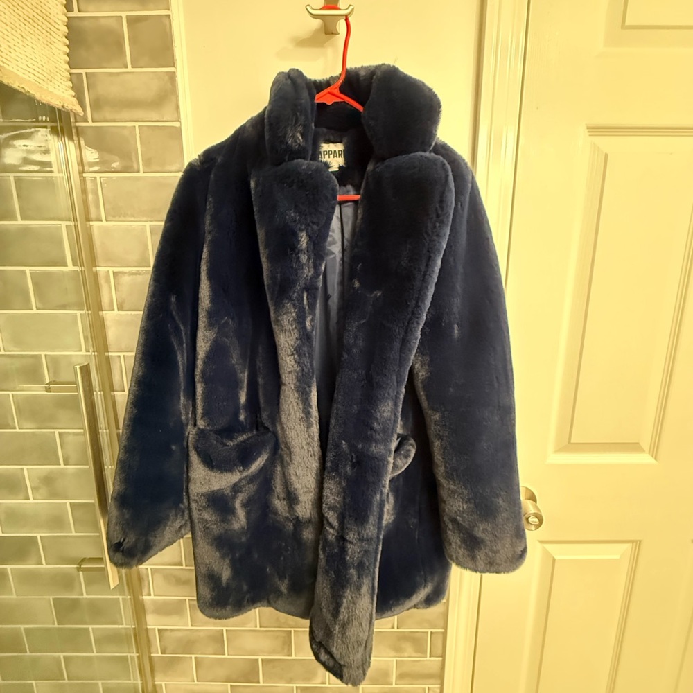 APPARIS Navy Mid-Length Faux Fur Coat XS - Worn TWICE, mint condition!